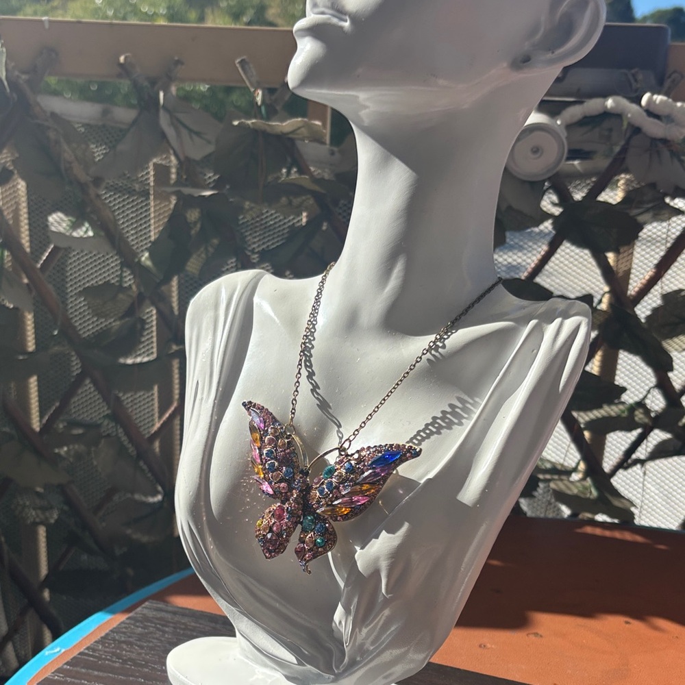 Rainbow Rhinestone Butterfly Statement Necklace 2… - image 1